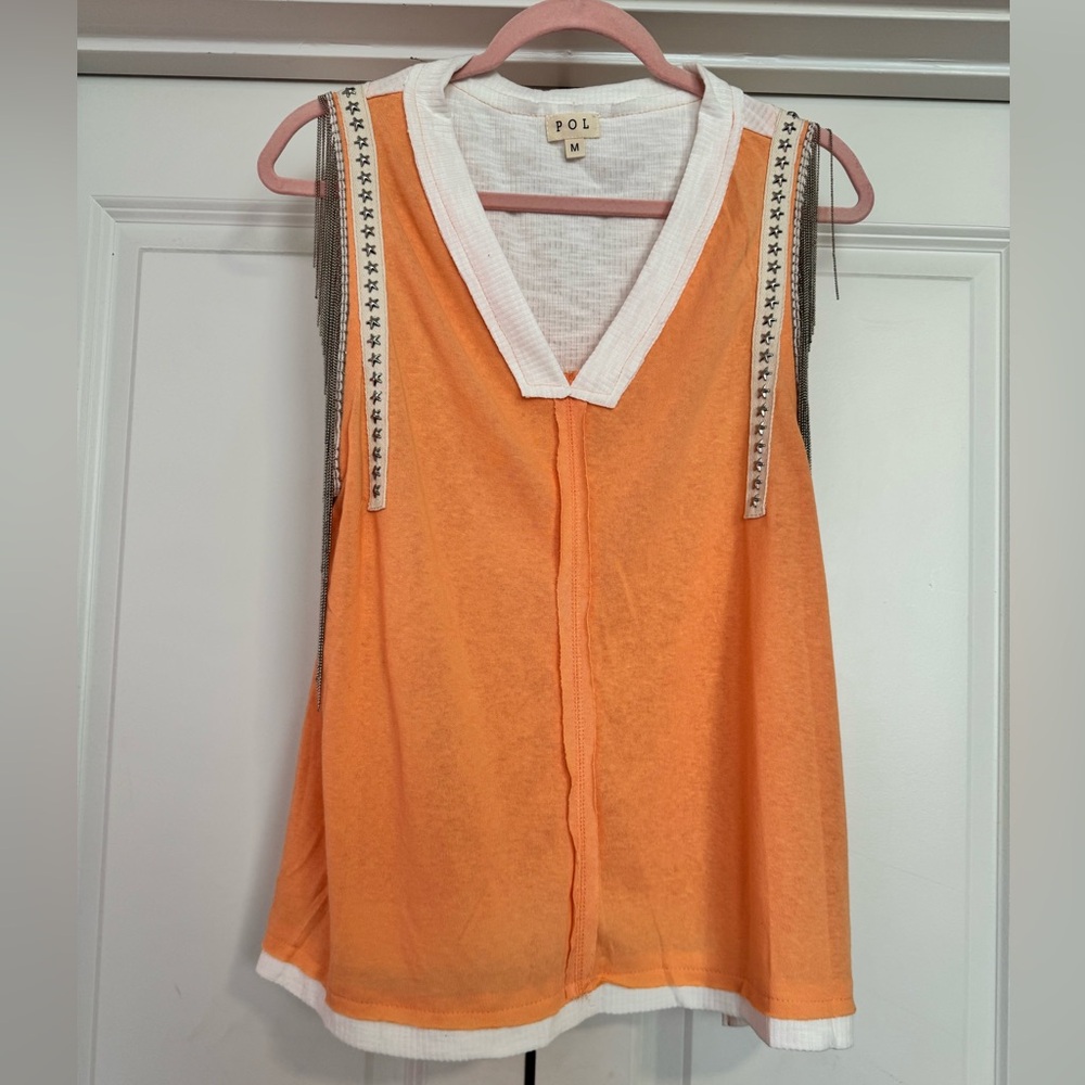 POL Orange Fringe Sleeveless Tank Top